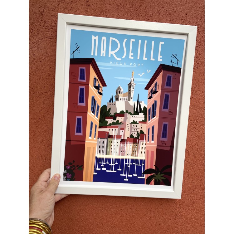 Affiche vintage MARSEILLE  Le Vieux Port  - Marcel Travel Poster Taille  30 x 40 cm